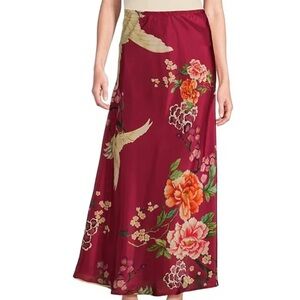 NWT Bryon Walker Silk Japanese Floral Burgundy Maxi Skirt